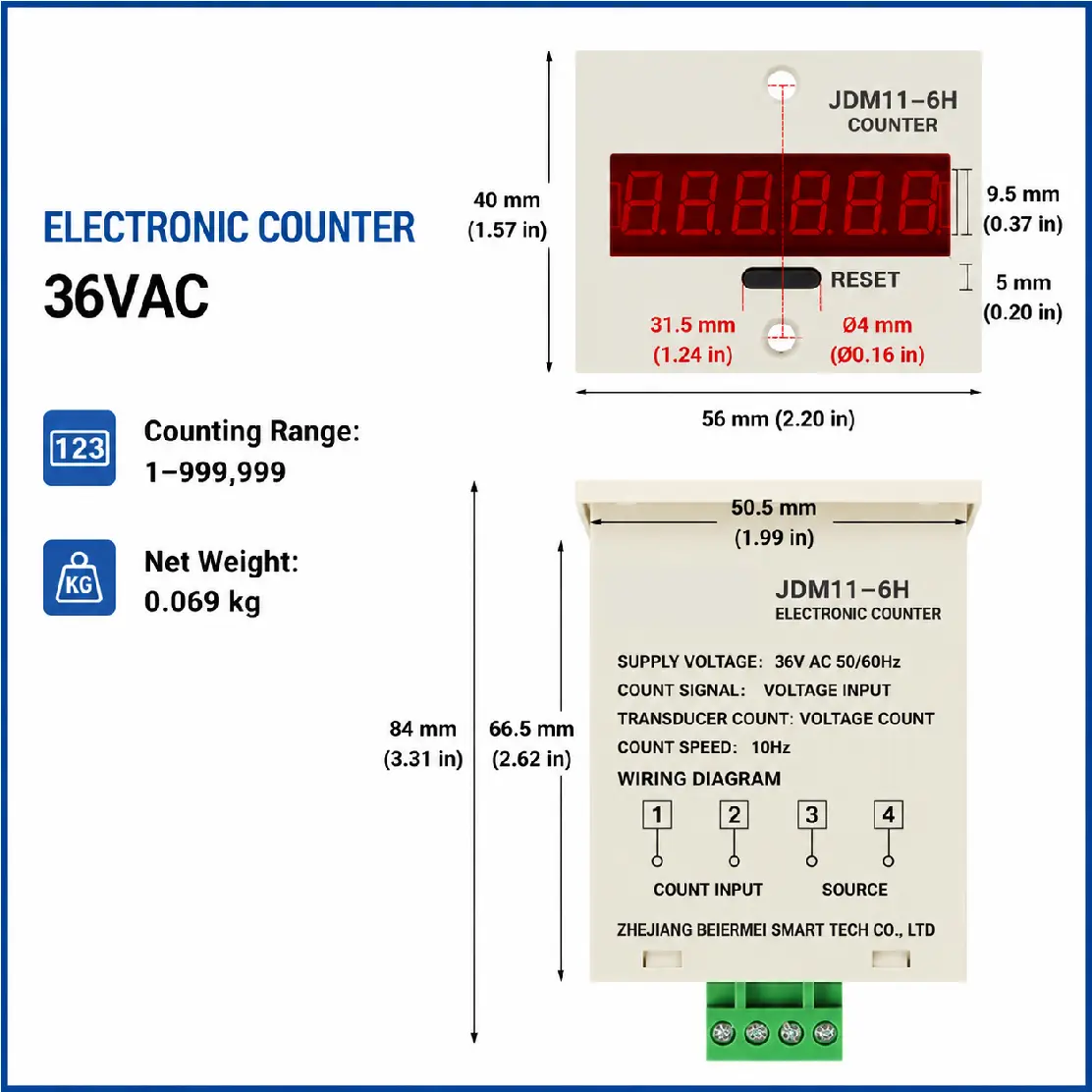 JDM11-6H 6 Digit Digital Counter LED Display Electronic Totalizer Industrial Panel Mount Counter Power Failure Memory 12-380V product view