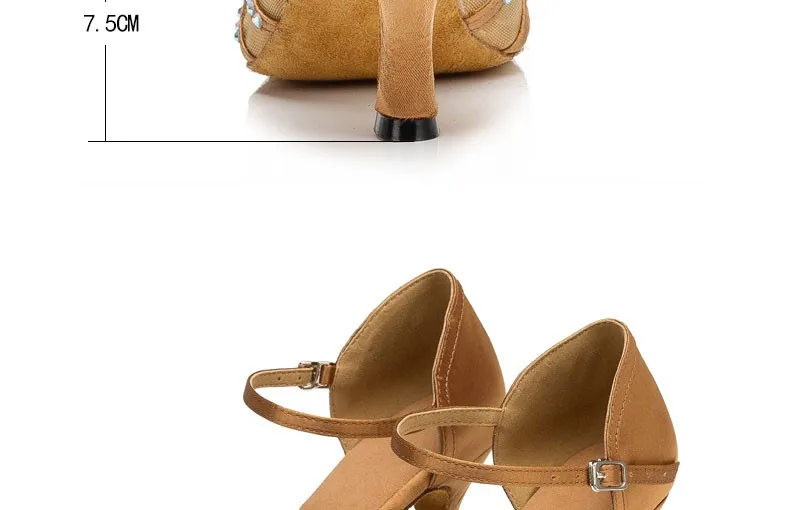 DILEECHI New arrival Tan Satin Latin Modern dance shoes female Autumn and Winter Ballroom dancing shoes thin heels 7.5cm detail