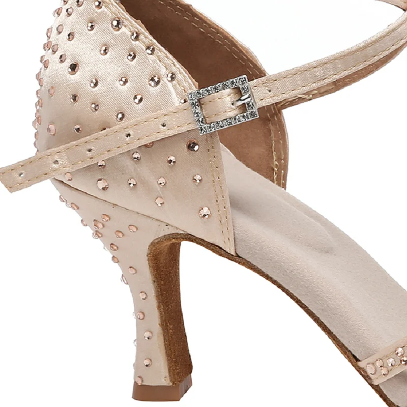 Latin Dance Shoes Adult Women's High Heel Dance Shoes Satin Salty High Heel Shoes with Diamond Embedding Dance Shoes 7.5cm product view