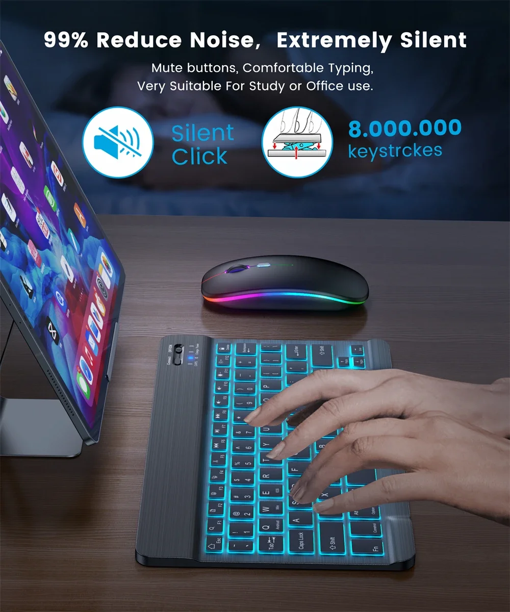 New Slim 7 Color Backlit Bluetooth Keyboard Mouse ComboRechargeable MultiLanguage for Tablet Phone detail