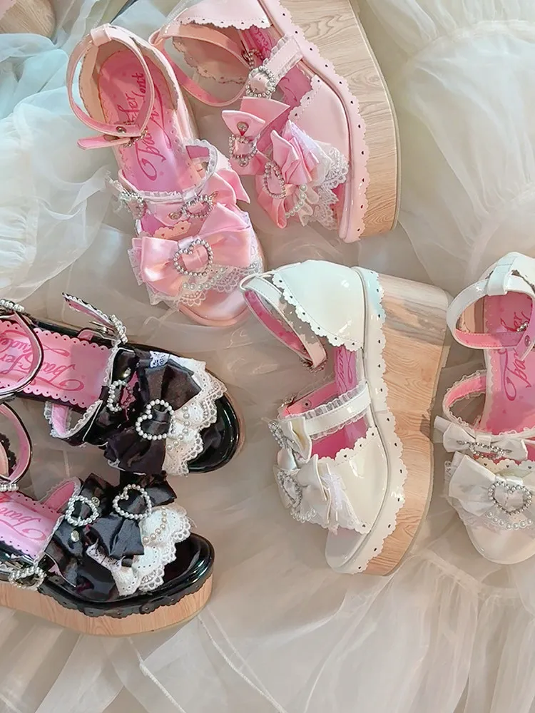 Y2K Millennium Lolita Original Design Slope Heel Open-toed Sandals Japanese Girl Ancient Feeling Sweet Bow Lo Shoes detail