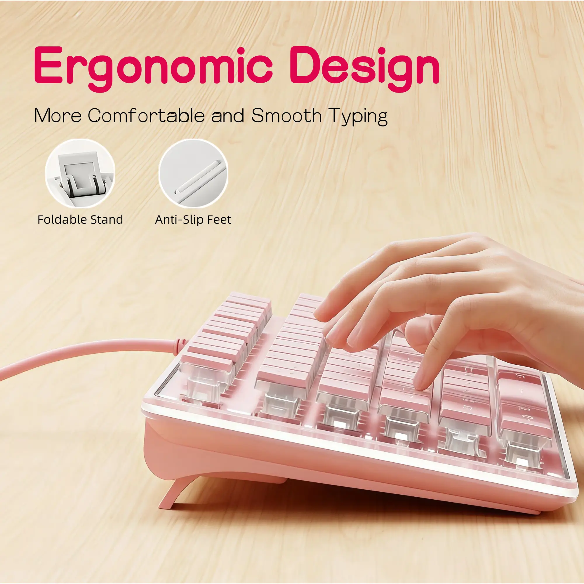 Ice Blue Backlit Gaming Keyboard Pudding Keycaps Metal Panel Wired USB LED Light Adjustable 104 Keys Mechanical Feel Pink White for PC Laptop product view