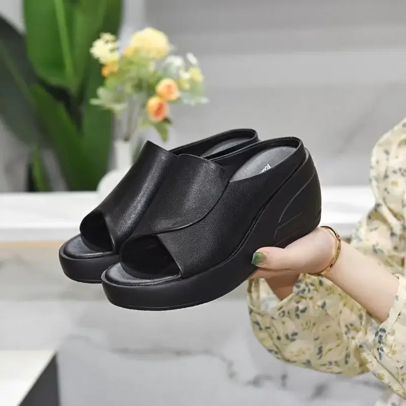 2024 Summer New Open Toe Sexy Solid Thick Sole Slope Heel Slippers for Women Outwear Comfortable Women's Single Shoes Sandals product view