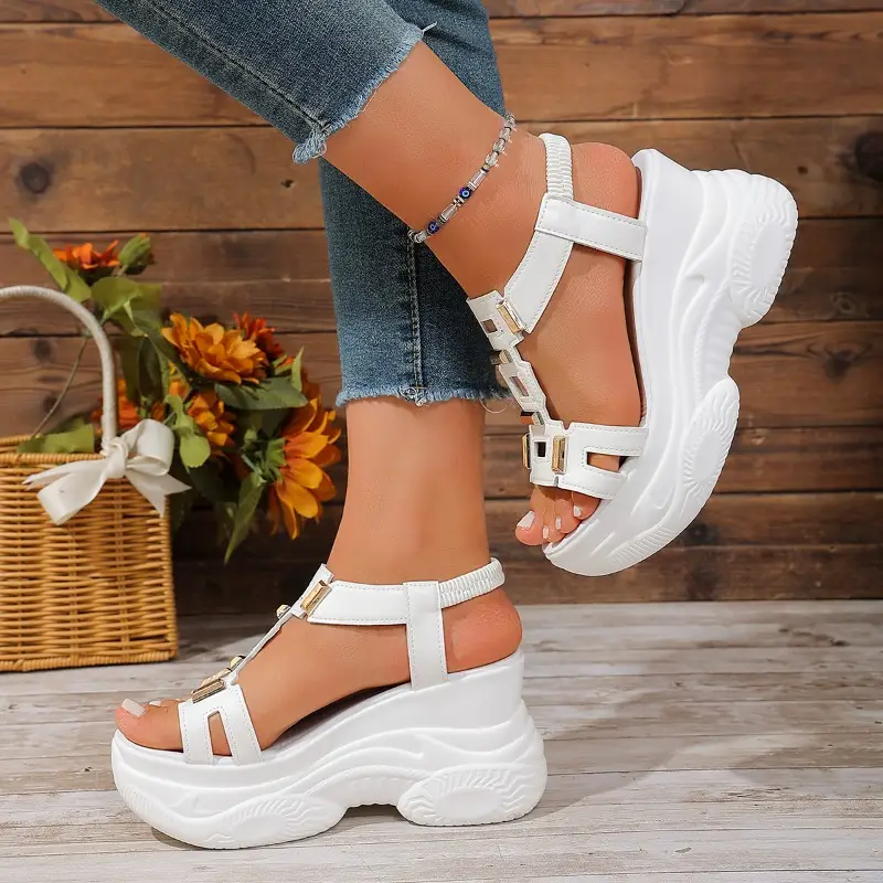 Summer New Thick Bottom Slope Heel Women's Sandals Fashion Hollow Metal Decor Comfort Casual Women Shoes Босоножки Женские product view