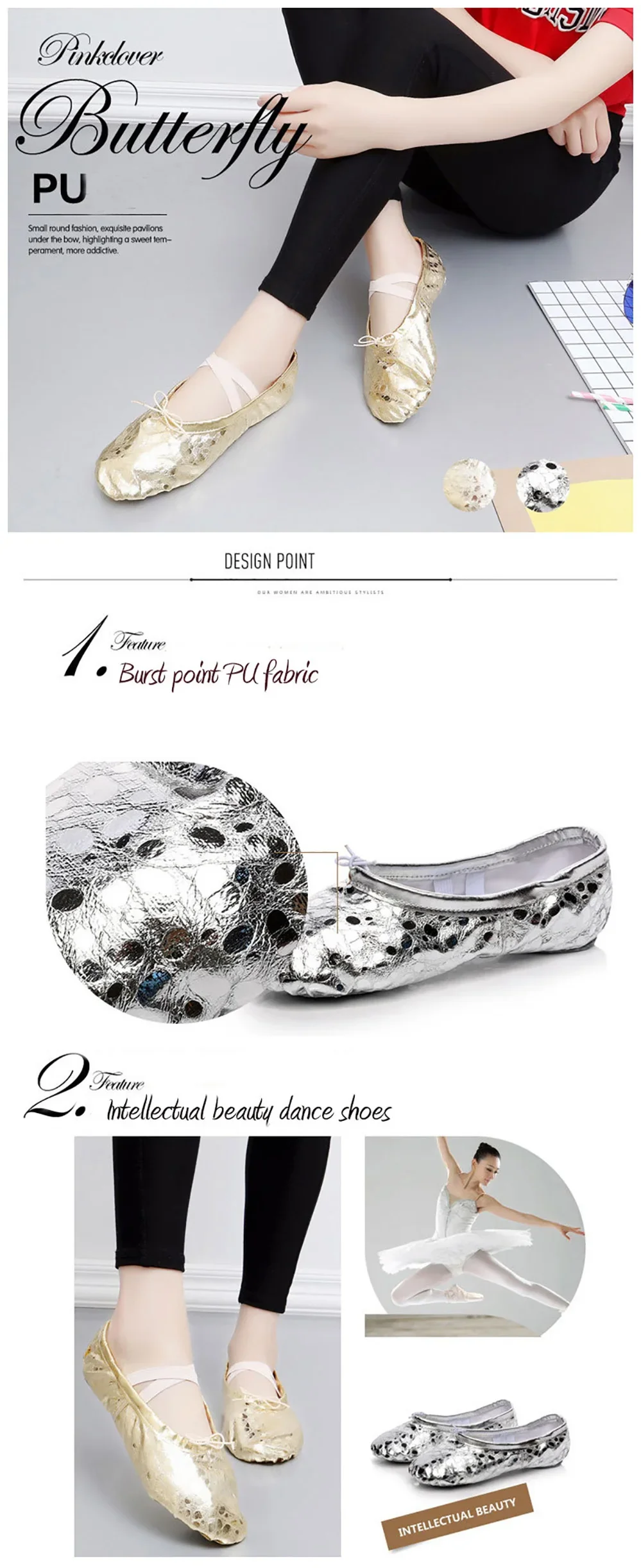 TOVEKIN Quality Gold Silver PU Performance Yoga Belly Dance Shoes Soft Sole Gym Ballet Dance Shoes Kids Girls Woman detail