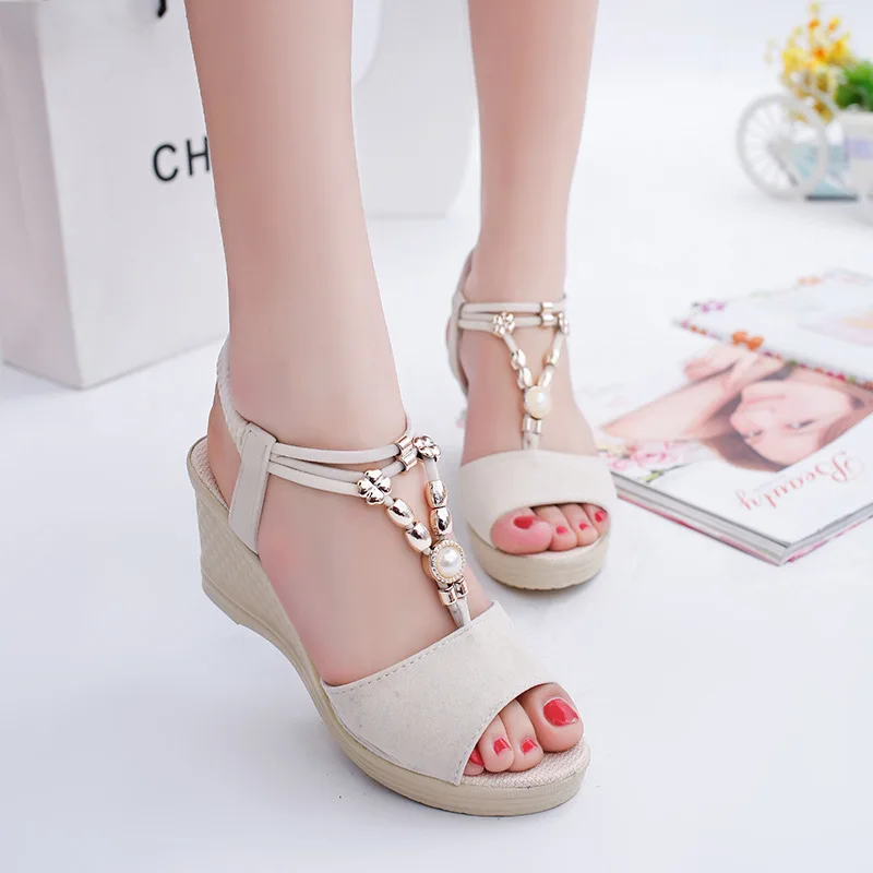 Fish-mouthed Women's Sandals Midheel Breathable Woman Shoes Trendy Slope Heeled Women Sandals Open Toed Beaded Sandals for Women detail