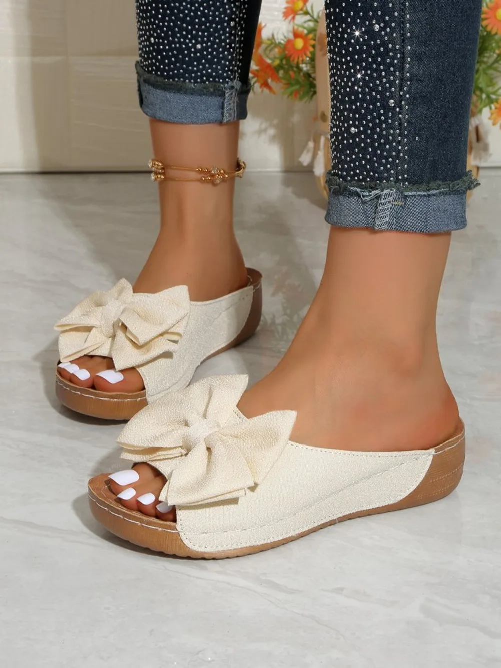 New Large Size Butterfly Knot Thick Heel Sandals Women Outdoor Wear Slope Heel Open Toe Fish Mouth Lightweight Beach Slippers detail