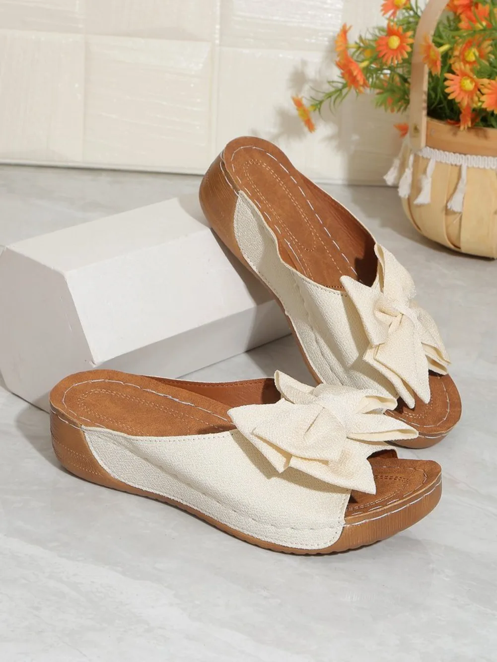 New Large Size Butterfly Knot Thick Heel Sandals Women Outdoor Wear Slope Heel Open Toe Fish Mouth Lightweight Beach Slippers detail