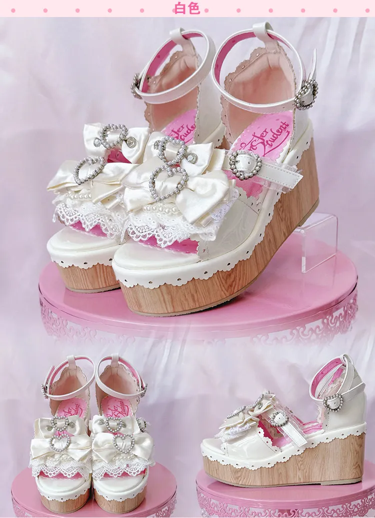 Y2K Millennium Lolita Original Design Slope Heel Open-toed Sandals Japanese Girl Ancient Feeling Sweet Bow Lo Shoes detail
