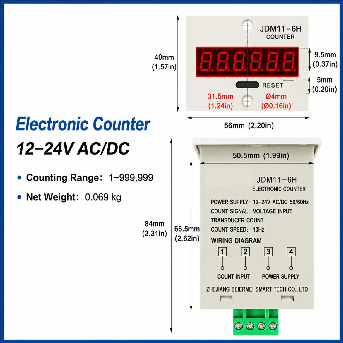 JDM11-6H 6 Digit Digital Counter LED Display Electronic Totalizer Industrial Panel Mount Counter Power Failure Memory 12-380V product view