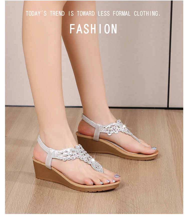 Ladies Roman Sandals Bohemian Ethnic Style Water Diamond Slope Heel Summer New Fashion Shoes Low Help Glue Stick Sandals detail