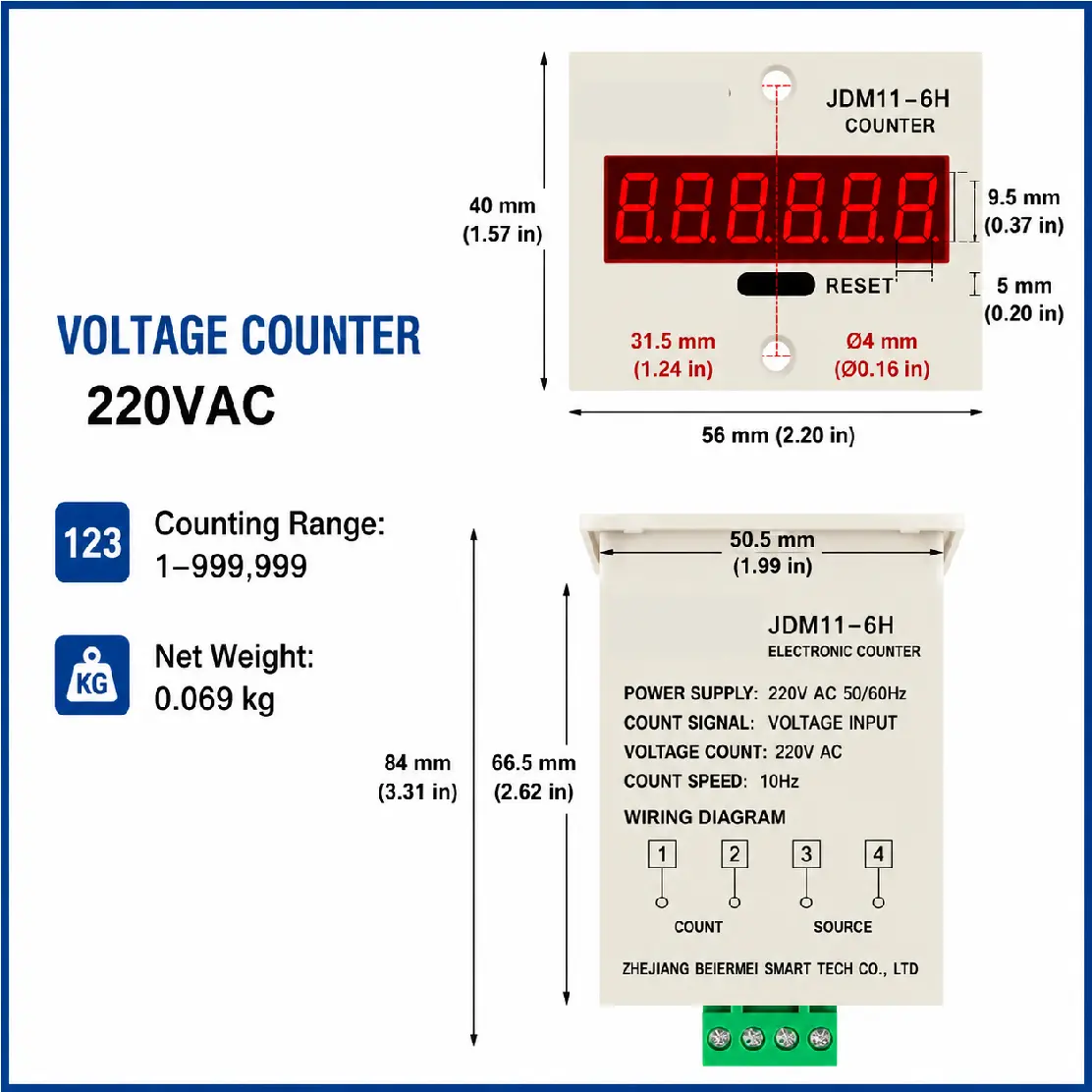 JDM11-6H 6 Digit Digital Counter LED Display Electronic Totalizer Industrial Panel Mount Counter Power Failure Memory 12-380V product view