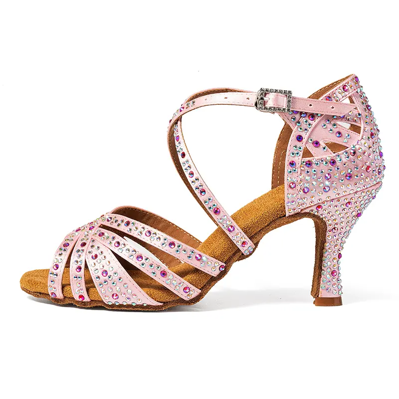Latin dance shoes pink adult women's high heels rhinestone square dance shoes soft sole national standard double ballroom dance product view