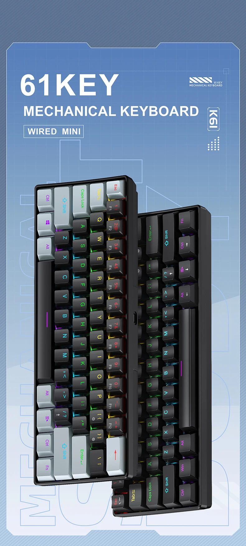 APAYADO K61 61 Keys Wired Mechanical Keyboard, 60% layout Mini RGB Gaming Keyboard, Red/Blue Switch, Compact for PC Laptop detail