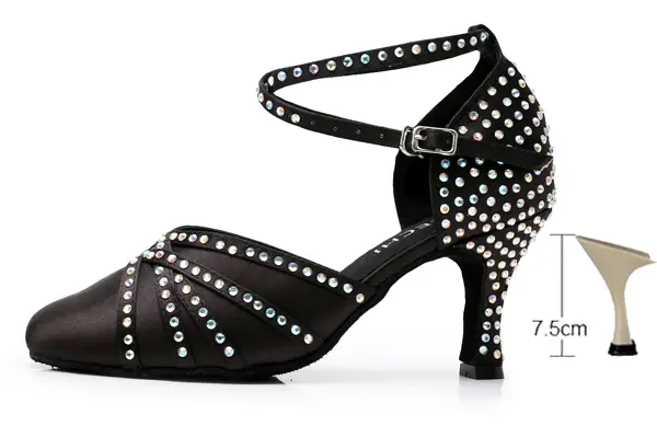 DILEECHI Tan Satin rhinestones Latin Modern dance shoes women Autumn and Winter Ballroom dancing shoes 7.5cm closed toe shoes product view