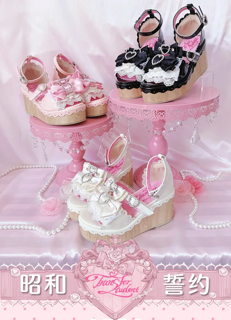 Y2K Millennium Lolita Original Design Slope Heel Open-toed Sandals Japanese Girl Ancient Feeling Sweet Bow Lo Shoes detail
