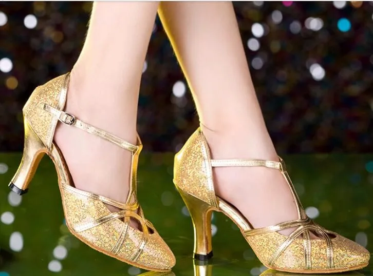 New Latin Dance Shoes Woman High Heel Silver Gold Cheap Ballroom Dancing Shoes Girls Gliter Closed Toe Salsa Shoes 5cm 7cm Heel detail