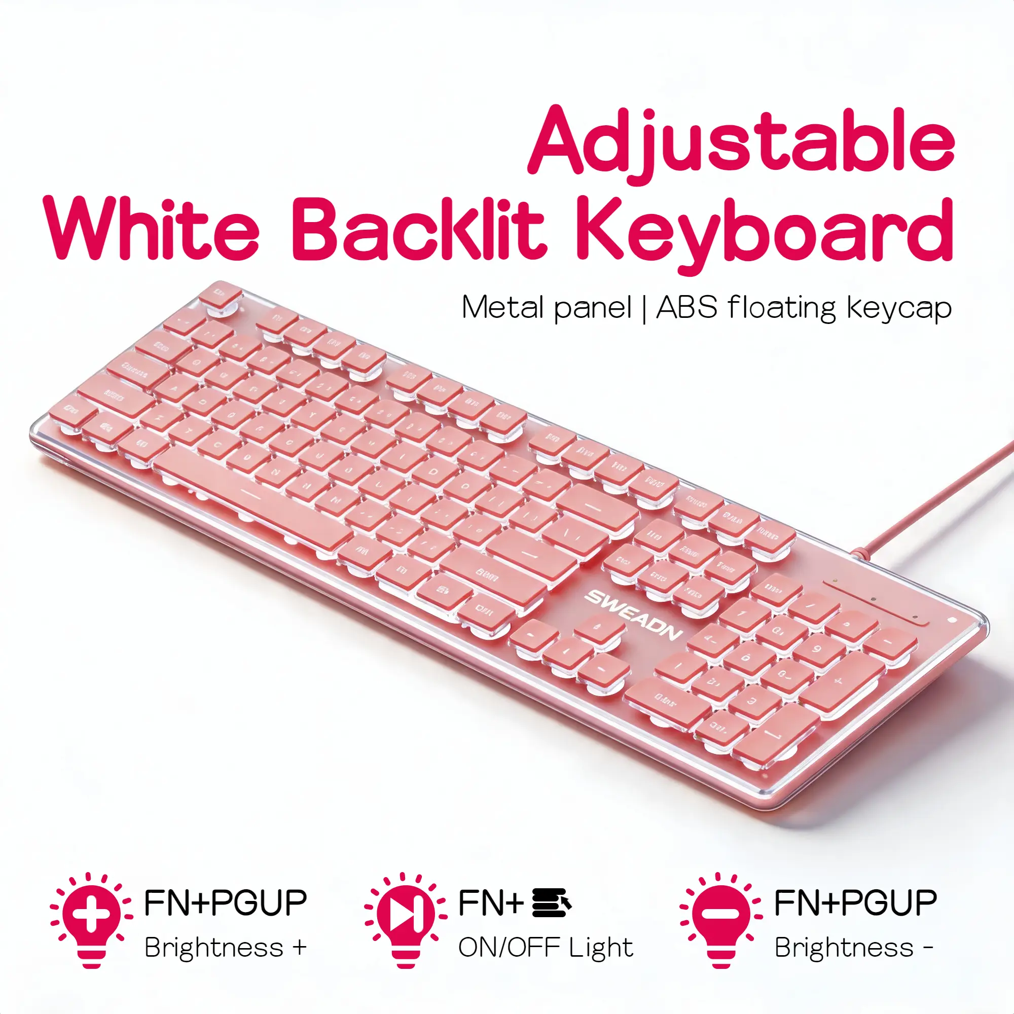 Ice Blue Backlit Gaming Keyboard Pudding Keycaps Metal Panel Wired USB LED Light Adjustable 104 Keys Mechanical Feel Pink White for PC Laptop