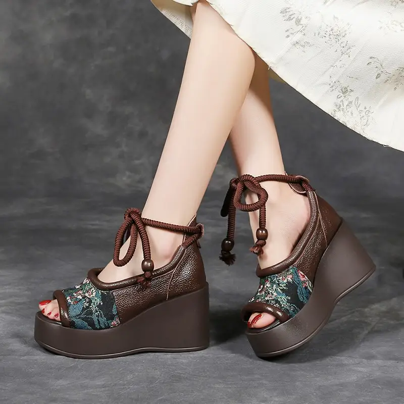 Soft Leather New Chinese Embroidered Slope High Heel Fish Mouth Sandals Women's Vintage Lace-up Platform Cutout Roman Shoes product view