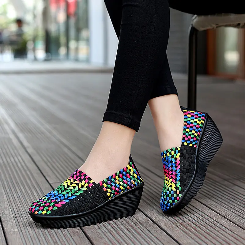 EOFK Autumn Women Woven Shoes Loafers Platform Handmade Elastic Slip on Nylon Woven Casual Wedges Shoes Lady product view