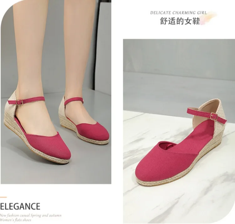 Baotou Sandals for Women's 2026 Summer Grass Woven Hemp Rope Slope Heel Shoes Women Round Toe Thick Sole Buckle Womens Sandals detail