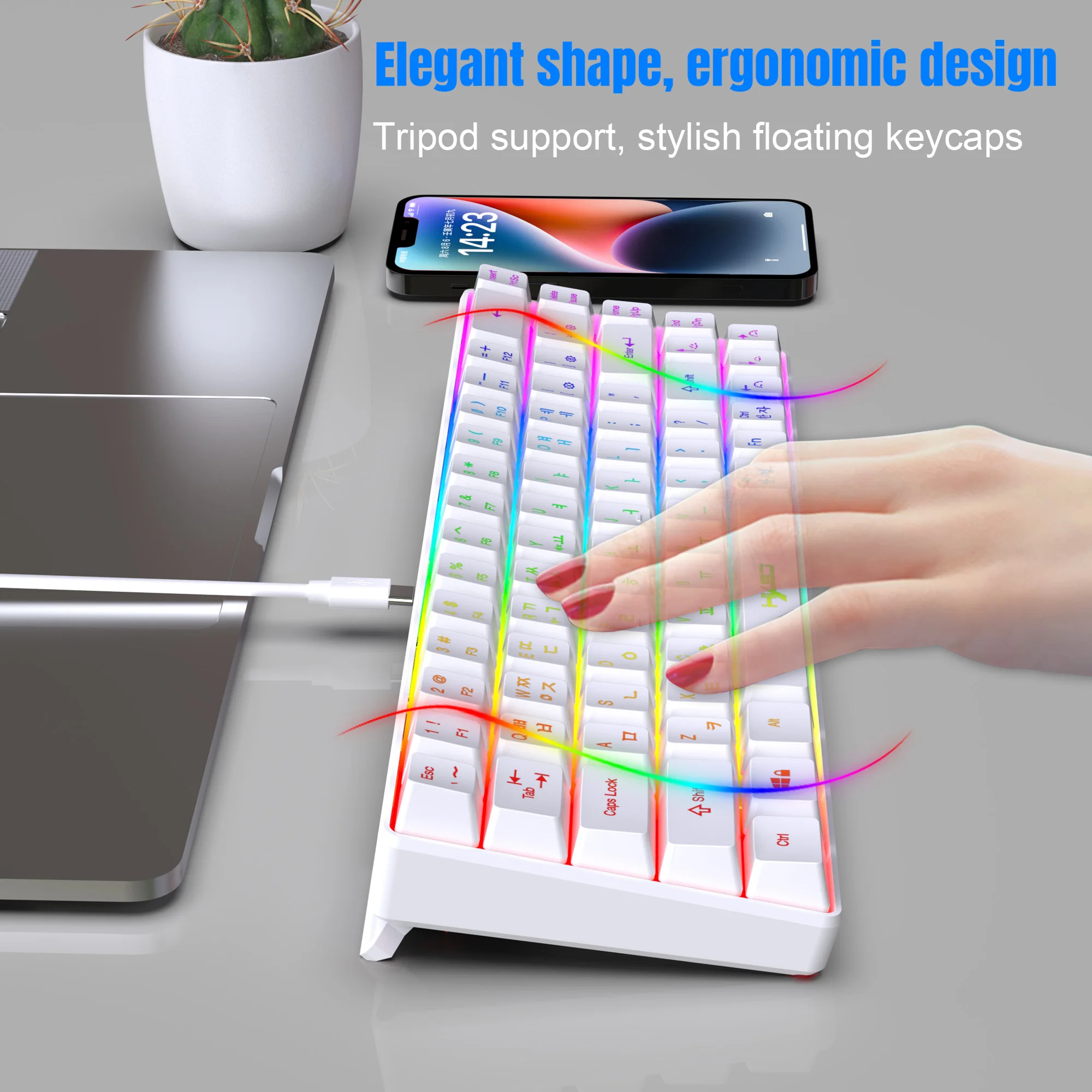 68 Keys Gaming Keyboard USB Wired Portable 20 RGB Backlight Korean Russian English Keyboard for Windows Laptops Computer detail