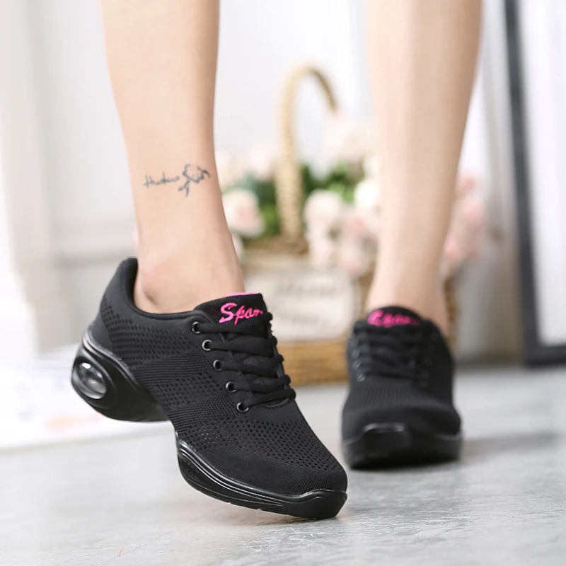 Women Mesh Dance Shoes Air Cushion Wedge Non Slip Lace Up Square Dance Aerobic Fitness Walking Sneakers 876 detail