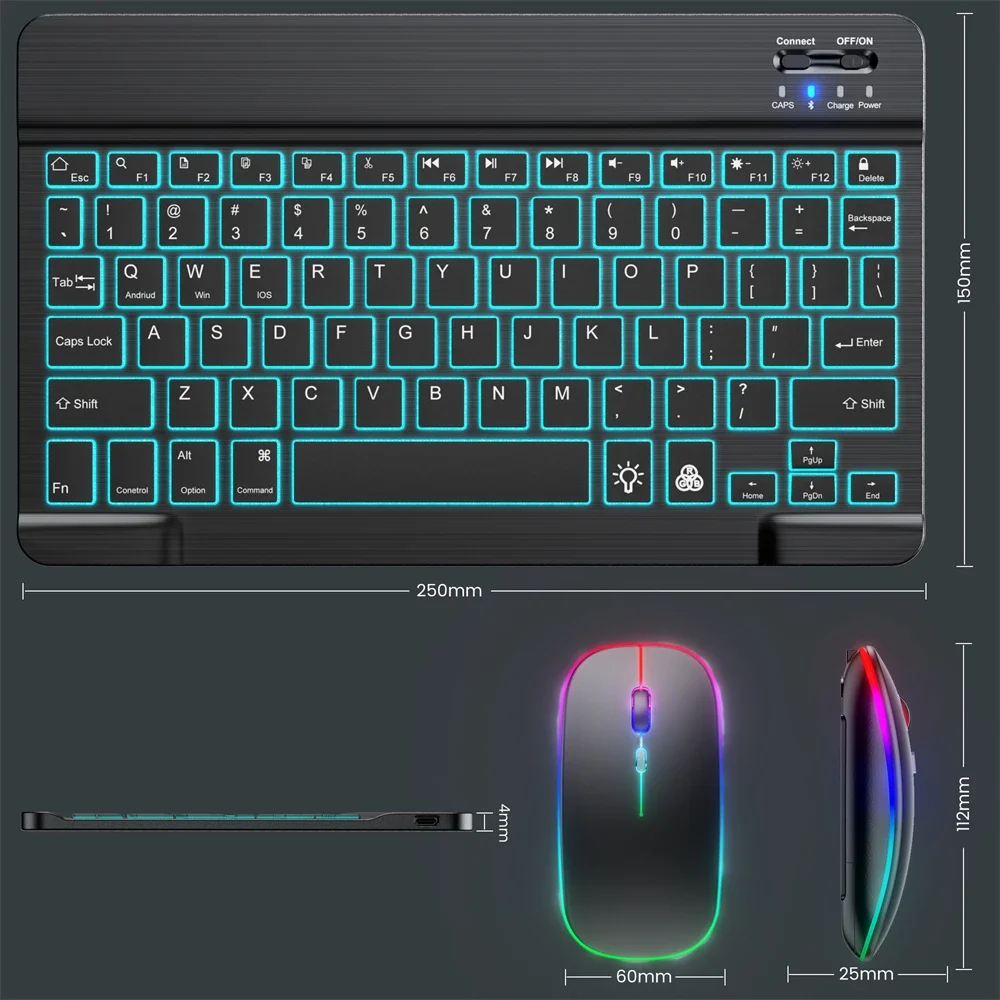 New Slim 7 Color Backlit Bluetooth Keyboard Mouse ComboRechargeable MultiLanguage for Tablet Phone detail