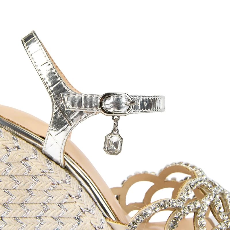Women's New Summer Round Toe Thick Sole With Diamond Inlaid High Heels, Large Open Toe Hemp Rope Woven Slope Heel Sandals detail