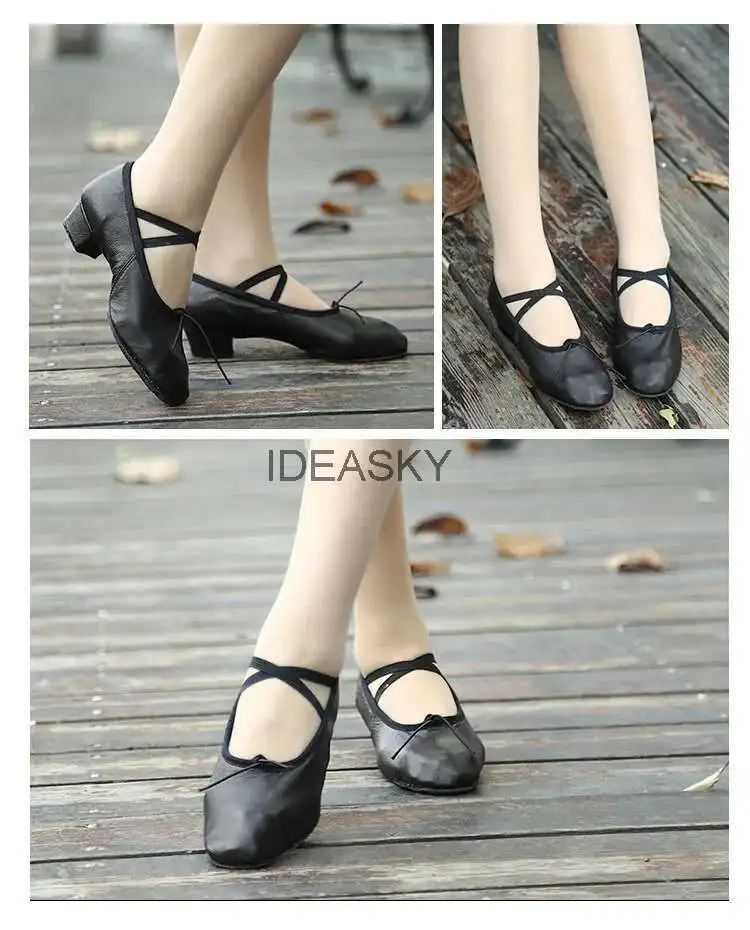 Quality Dancing Shoes For Women Middle Heel Pigskin Canvas Leather Girls Women's Ballet Dance Shoes Belly Yoga Teachers's Shoes detail
