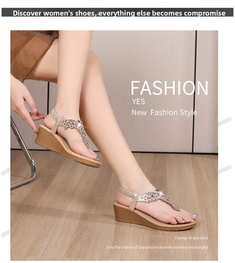 Ladies Roman Sandals Bohemian Ethnic Style Water Diamond Slope Heel Summer New Fashion Shoes Low Help Glue Stick Sandals detail