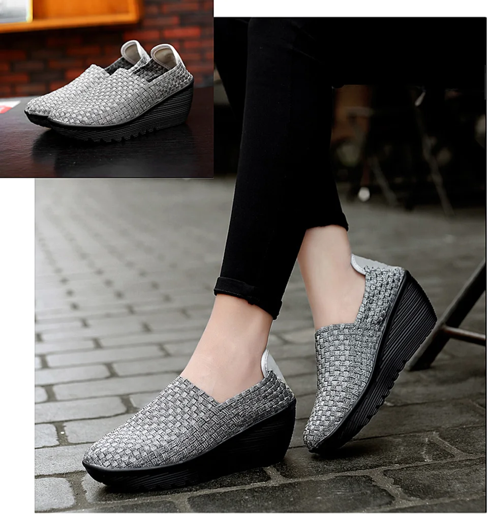 EOFK Autumn Women Woven Shoes Loafers Platform Handmade Elastic Slip on Nylon Woven Casual Wedges Shoes Lady detail