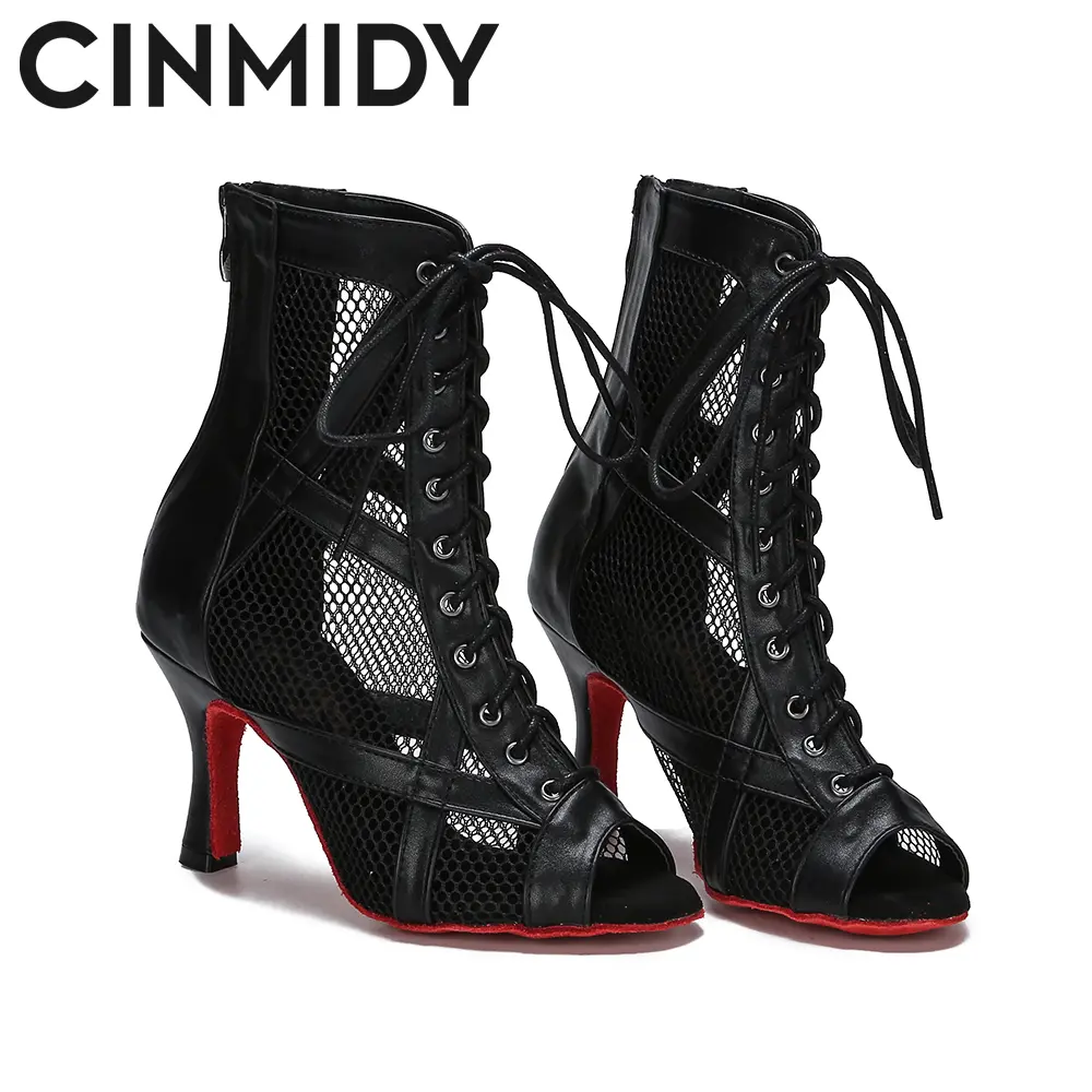 CINMIDY Leather Dance Boots Red /Black lSole Ballroom Dancing Shoes Latin Dance Shoes Woman Pole Dance Boots Ladies Party Shoes product view