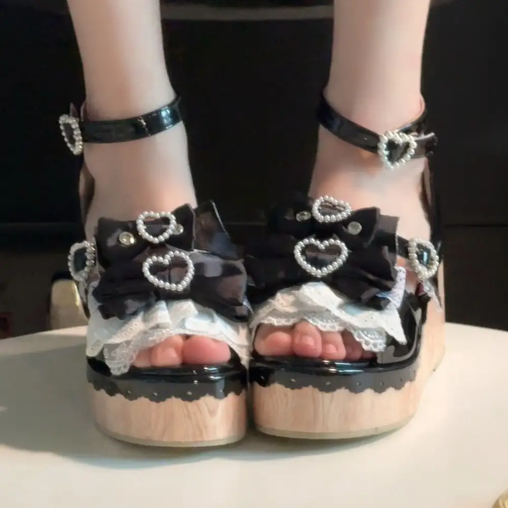 Y2K Millennium Lolita Original Design Slope Heel Open-toed Sandals Japanese Girl Ancient Feeling Sweet Bow Lo Shoes product view