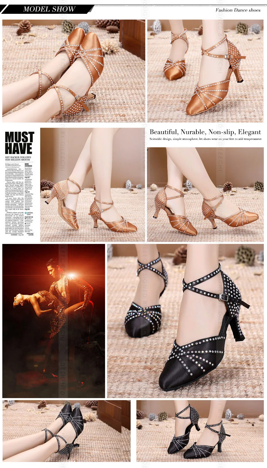 DILEECHI Tan Satin rhinestones Latin Modern dance shoes women Autumn and Winter Ballroom dancing shoes 7.5cm closed toe shoes detail