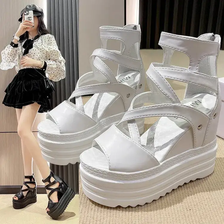 Women's High Heel Sandals 13CM Slope Heel Thick Bottom Cross Band Fish Mouth Shoes New Style Increased Height Summer Shoes