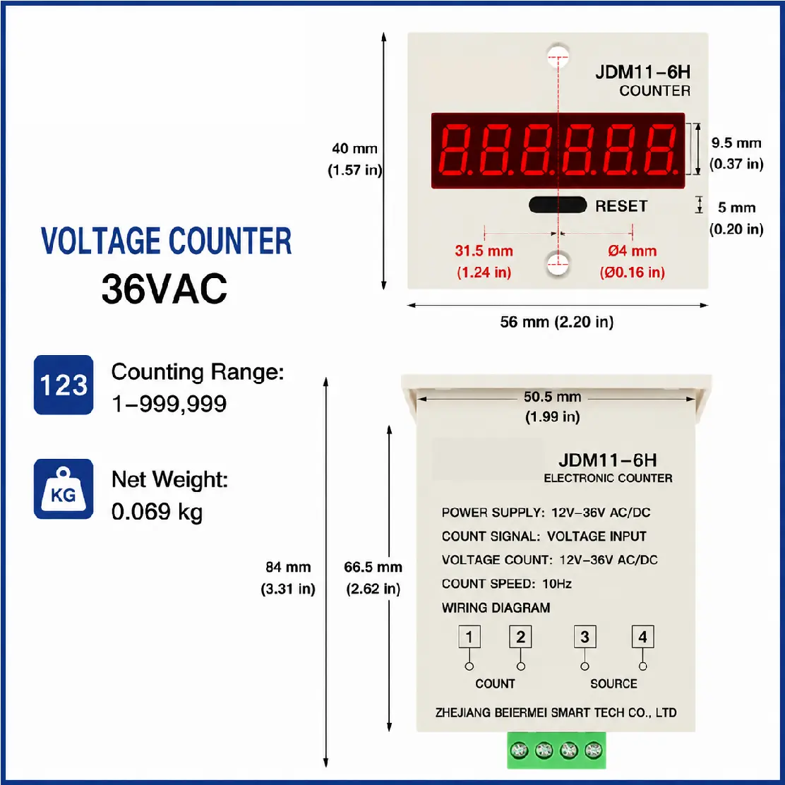 JDM11-6H 6 Digit Digital Counter LED Display Electronic Totalizer Industrial Panel Mount Counter Power Failure Memory 12-380V product view
