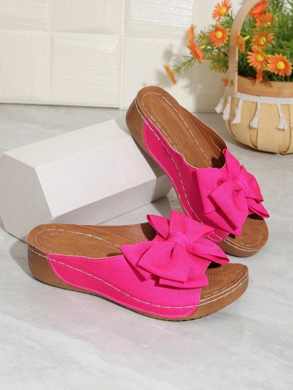 New Large Size Butterfly Knot Thick Heel Sandals Women Outdoor Wear Slope Heel Open Toe Fish Mouth Lightweight Beach Slippers detail