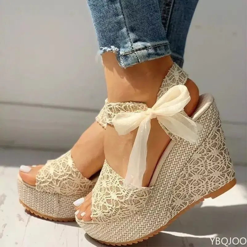 Summer New Fashion Slope Heel Fish Mouth Women's Sandals Party Lace Lace Strap Waterproof Platform Thick soled High Heels product view