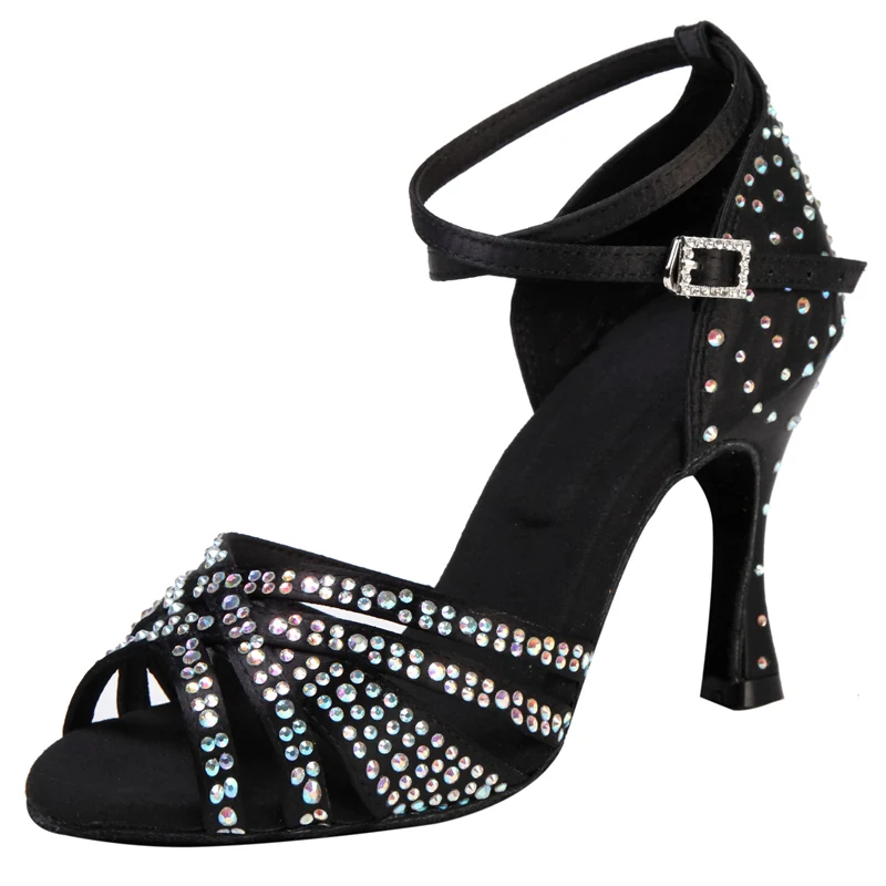Latin Dance Shoes Adult Women's High Heel Dance Shoes Satin Salty High Heel Shoes with Diamond Embedding Dance Shoes 7.5cm detail