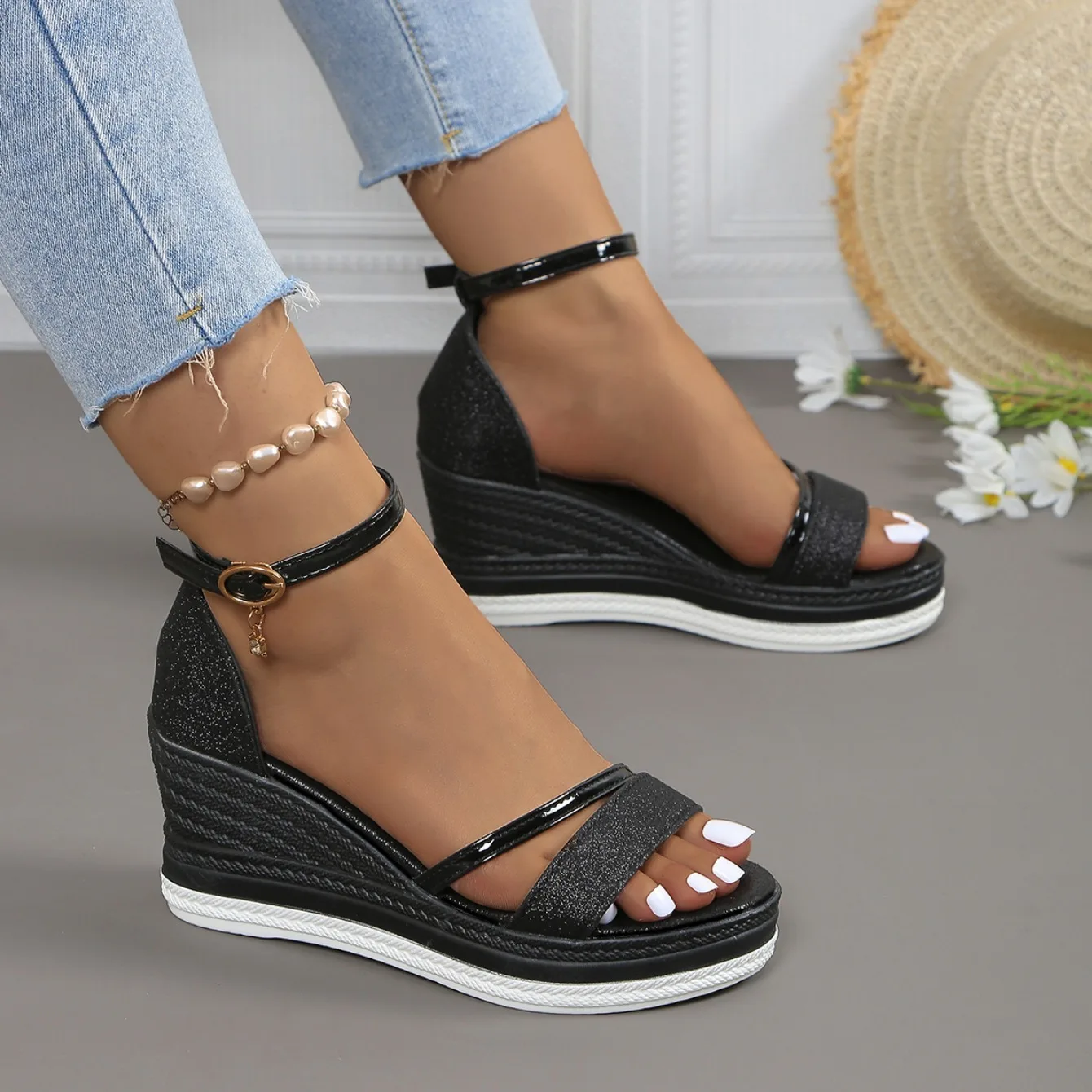 2024 New Summer Women Wedges Sandals Fashion Solid Color Shoes for Women High Heels Platform Designer Sandals Zapatos De Mujer detail
