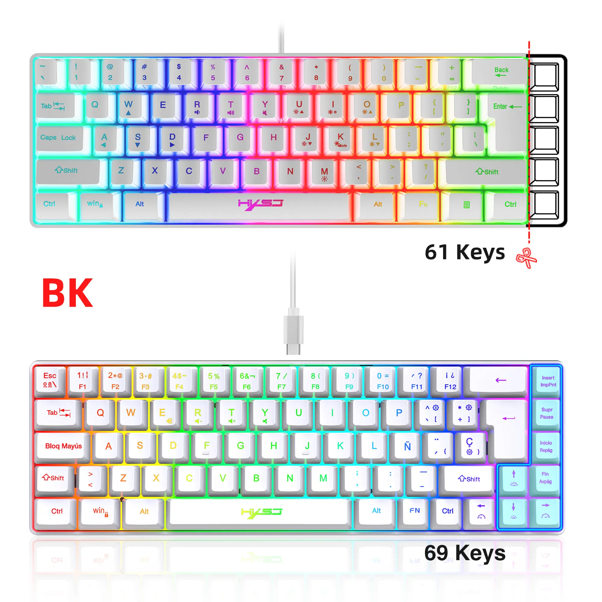68 Keys Gaming Keyboard USB Wired Portable 20 RGB Backlight Korean Russian English Keyboard for Windows Laptops Computer product view