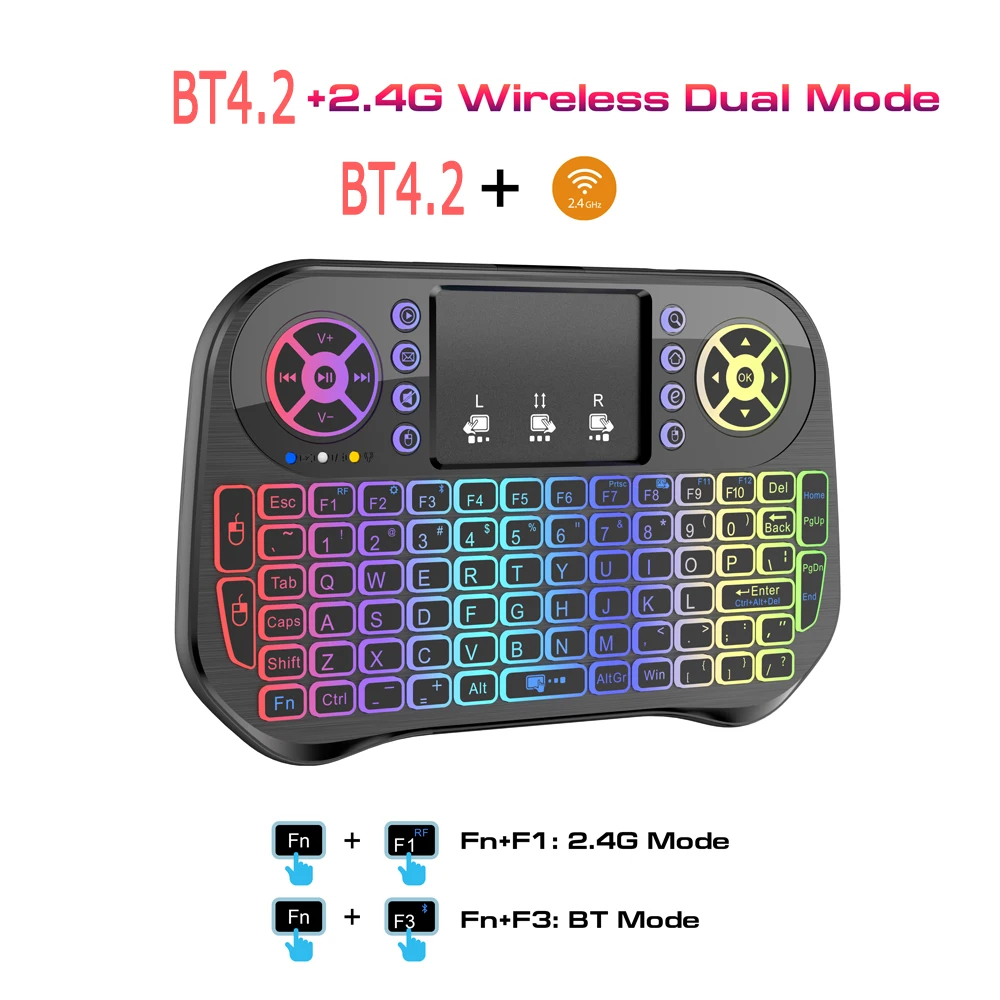 Wireless Mini Keyboard Dual Mode BT4.2 2.4G Air Mouse Remote Control Backlit 7 color Touchpad for Android TV Box PC Projector detail