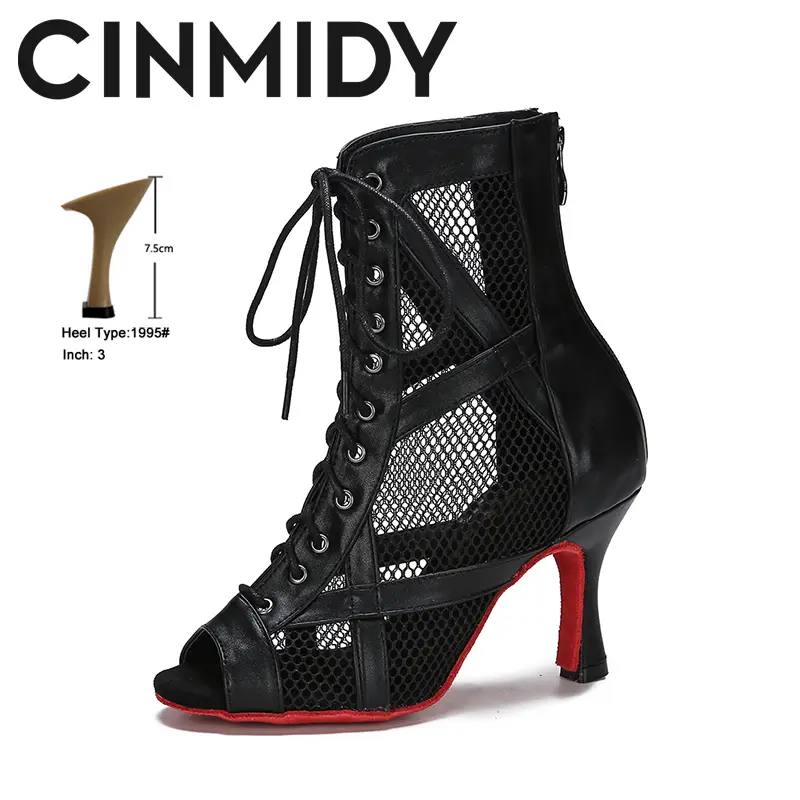 CINMIDY Leather Dance Boots Red /Black lSole Ballroom Dancing Shoes Latin Dance Shoes Woman Pole Dance Boots Ladies Party Shoes product view
