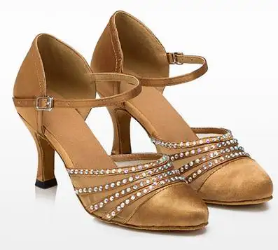DILEECHI New arrival Tan Satin Latin Modern dance shoes female Autumn and Winter Ballroom dancing shoes thin heels 7.5cm product view
