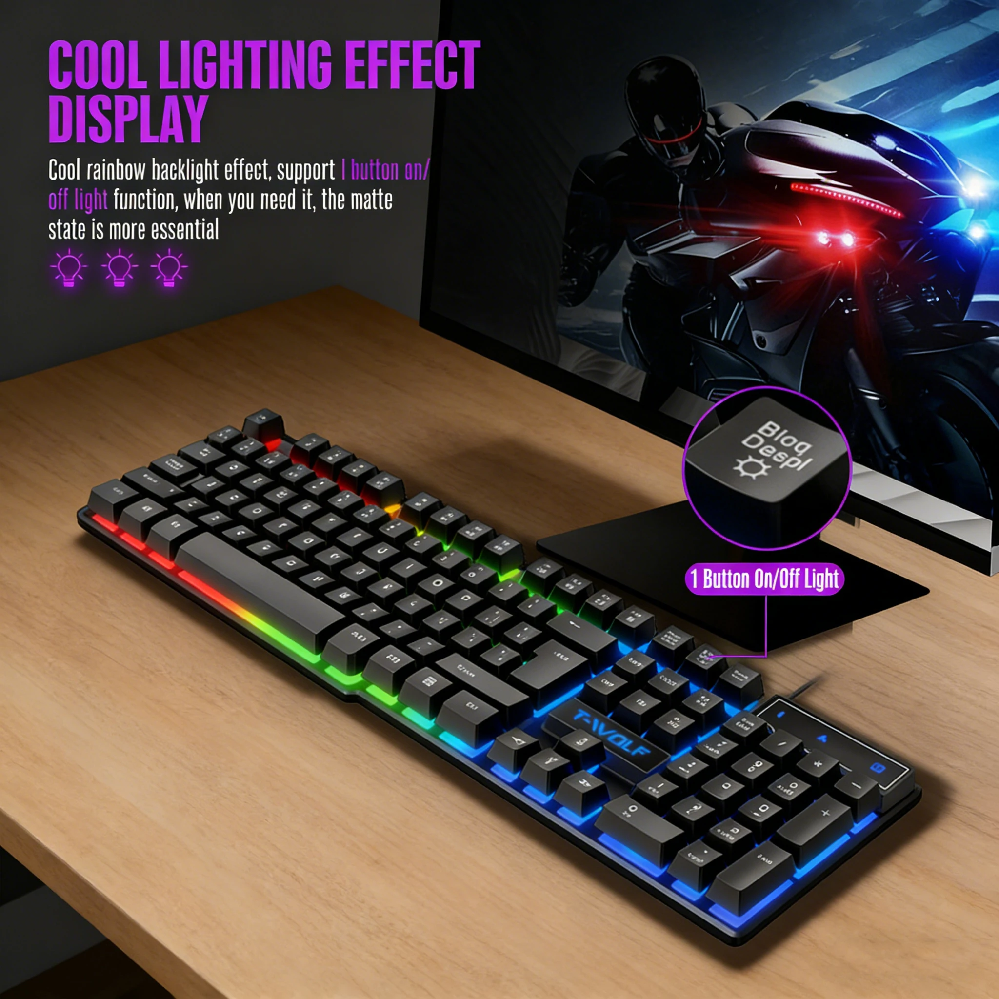 Mechanical Feel Gaming Keyboard Light Backlit RGB Wired Keyboard USB Office Home Media Keys Russian Spanish Arabic English detail