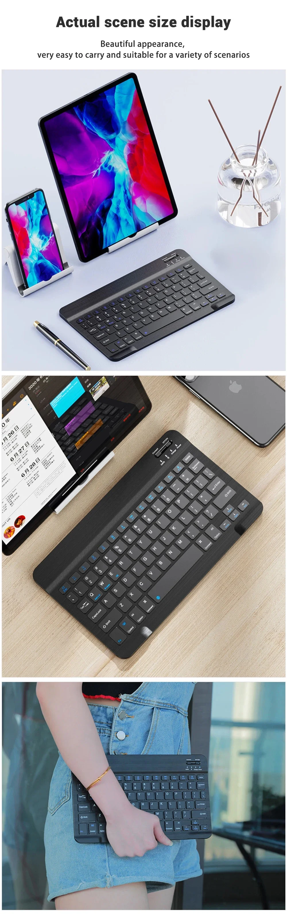 New Slim 7 Color Backlit Bluetooth Keyboard Mouse ComboRechargeable MultiLanguage for Tablet Phone detail
