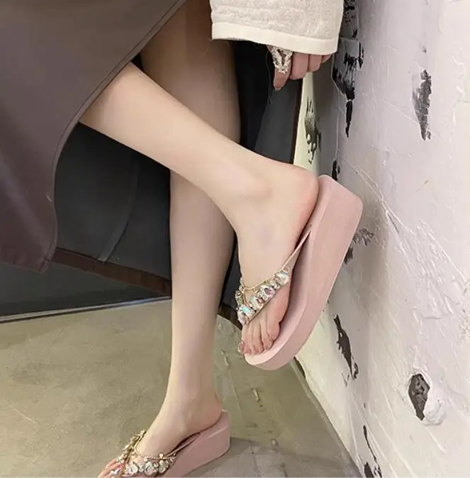 Rhinestone Women's Sandals Summer Outdoor Wear Heightening Slope Heel Beach Sandals Slip-On Anti-Slip detail
