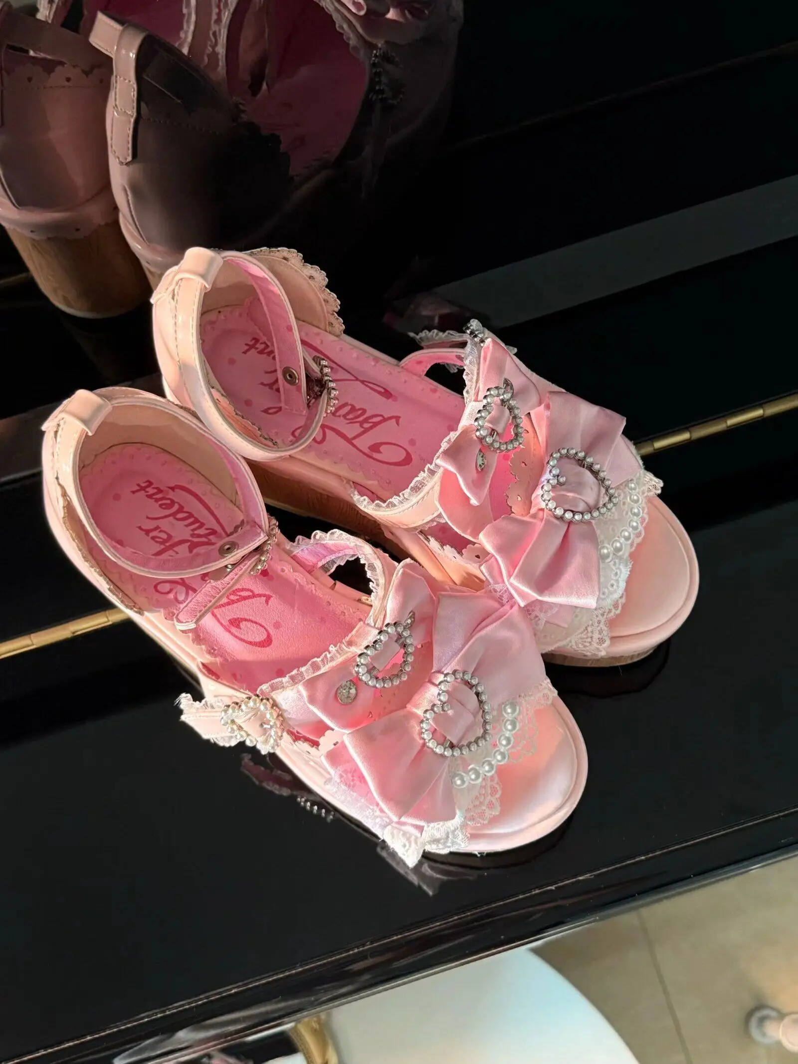 Y2K Millennium Lolita Original Design Slope Heel Open-toed Sandals Japanese Girl Ancient Feeling Sweet Bow Lo Shoes detail