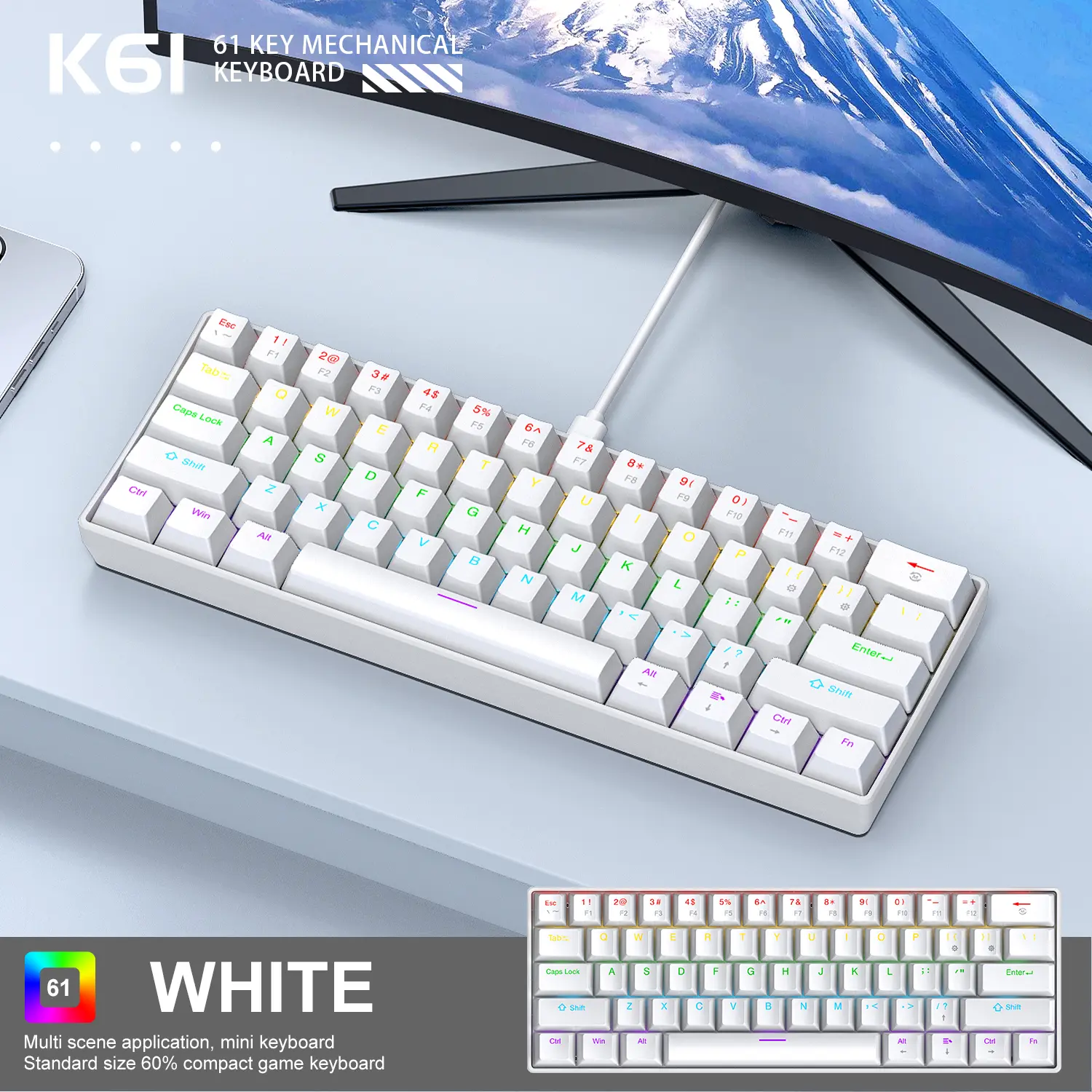 APAYADO K61 Mini 60% Gaming Keyboard 61-Key, Wired, Portable, RGB Lighting, Red/Blue Switch, Black/White/Red Colors product view